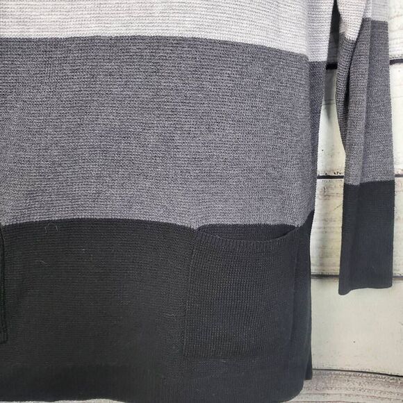 Vince Camuto Large Colorblock Knit Hoodie Sweater Brown Beige Gray Stripe Pullov - Picture 2 of 7